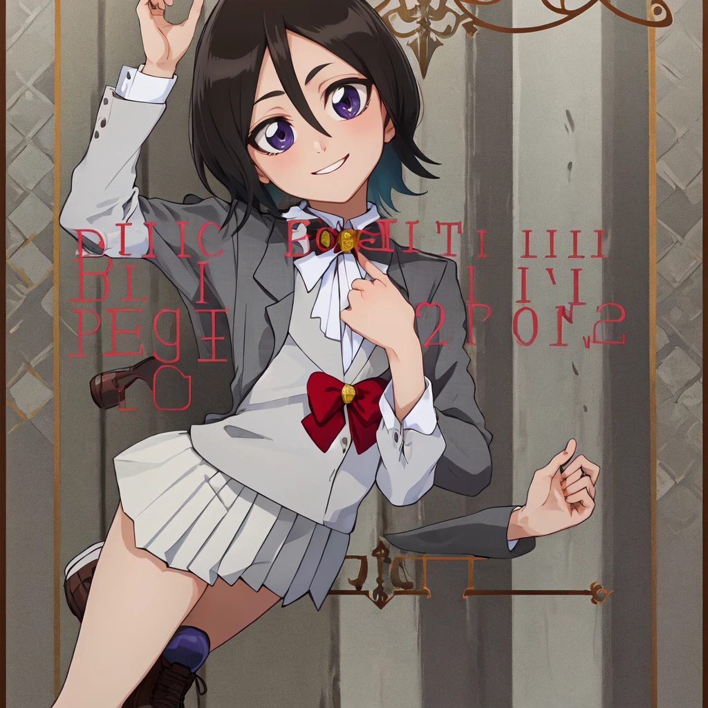 ((Highest quality)), ((Very detailed)), Very detailed顔, Beautiful Face, , (One Girl), Cowboy Shot, Rukia, Black Hair, short hair, Hair between the eyes, Purple eyes, Small breasts, smile, Grey blazer, White collared shirt, Red bow tie, Grey pleated skirt, shoes下, shoes, whole body