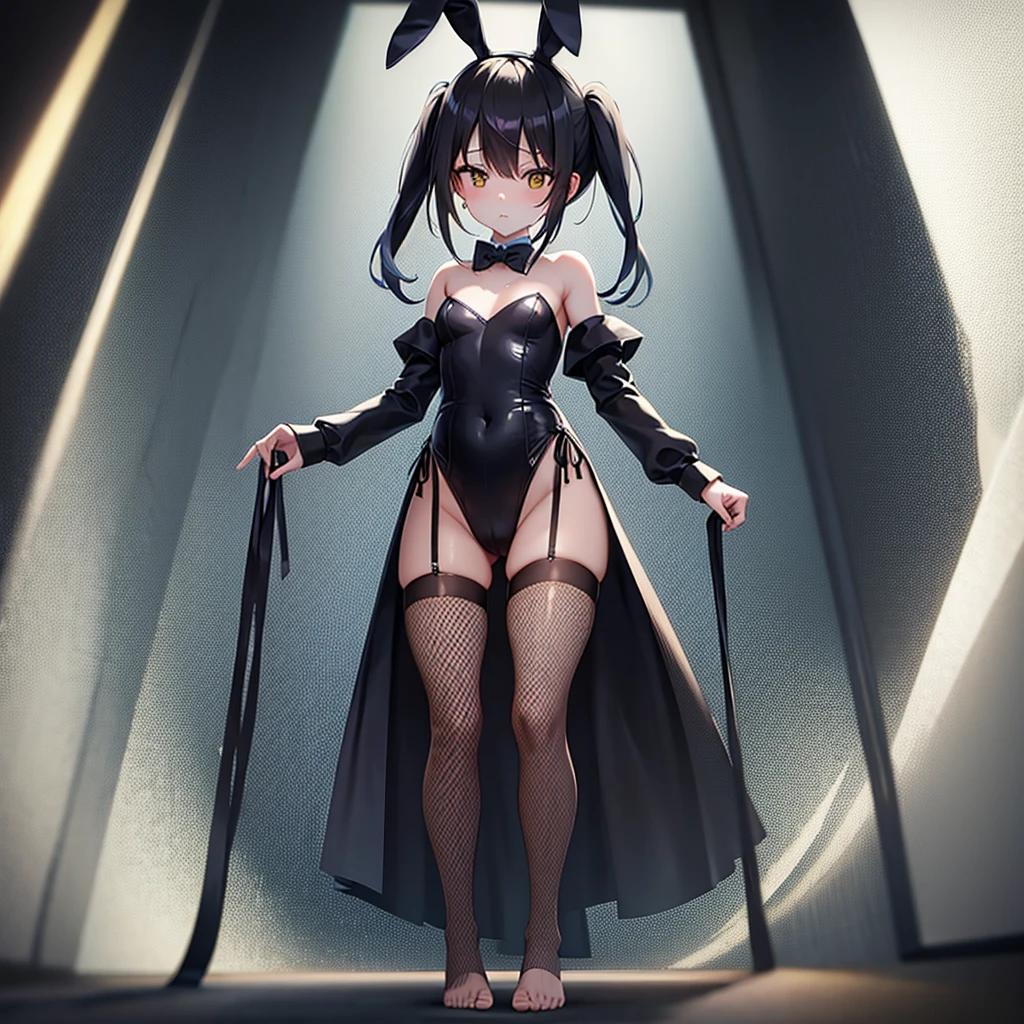 ((Bunny girl)),Dropped ears,(Fishnet tights),(barefoot),Cute little ,Tiny , girl,,Childish face, Very fine clean face,Top quality,Black Hair,(Dark Room), Subtle light, Natural light,Soft lighting,Light from directly behind, (Are standing),With bust up,Front view,Black background