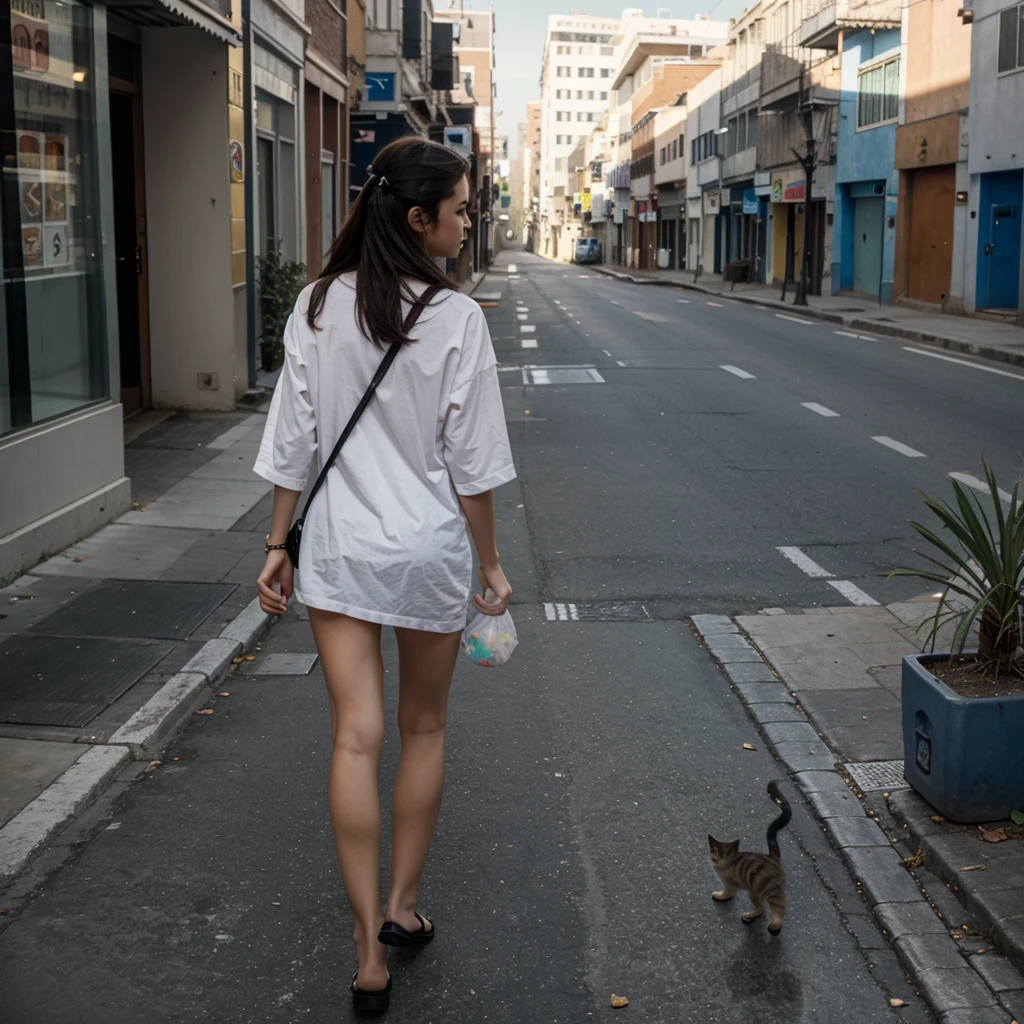 A kitten with a small plastic bag ran along the deserted street