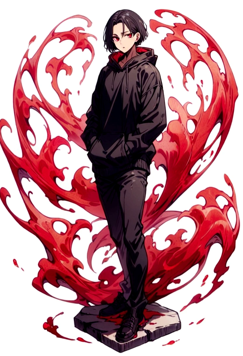 fullbody,masterpiece,standing,black hoodie,black black short hair,red eyes,adult,1boy,solo,white background,standing straight,fullbody,parted bangs