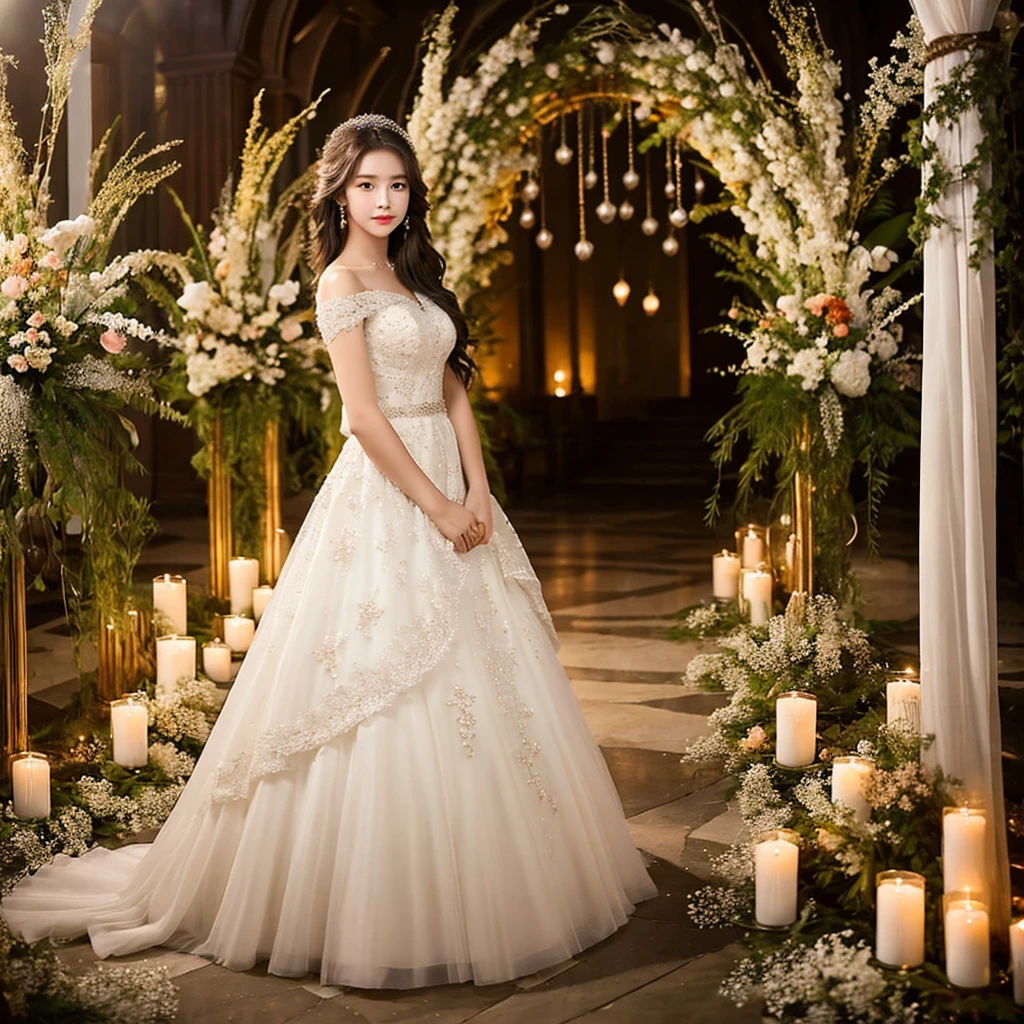 Generate an image of an extraordinarily beautiful 20-year-old Asian woman standing alone, whose beauty rivals that of a goddess of the fire element. She has large brown eyes, dark brown hair, glowing skin, and a captivating appearance. She is wearing a stunning white wedding dress that accentuates her elegance. The woman stands charmingly alone, her beauty appearing as if blessed by nature, in a very romantic and lovely aisle adorned with flowers and soft lighting, exuding a magical and serene atmosphere.