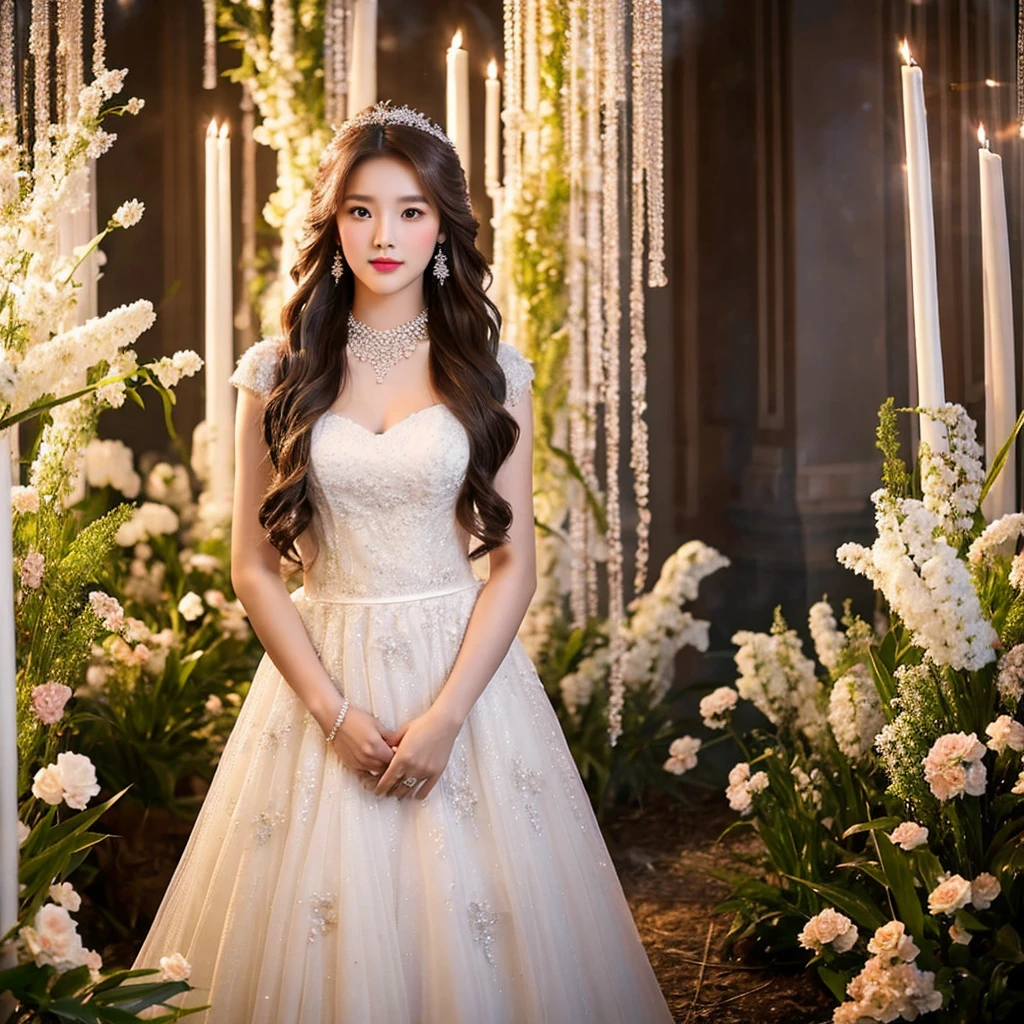 Generate an image of an extraordinarily beautiful 20-year-old Asian woman standing alone, whose beauty rivals that of a goddess of the fire element. She has large brown eyes, dark brown hair, glowing skin, and a captivating appearance. She is wearing a stunning white wedding dress that accentuates her elegance. The woman stands charmingly alone, her beauty appearing as if blessed by nature, in a very romantic and lovely aisle adorned with flowers and soft lighting, exuding a magical and serene atmosphere.