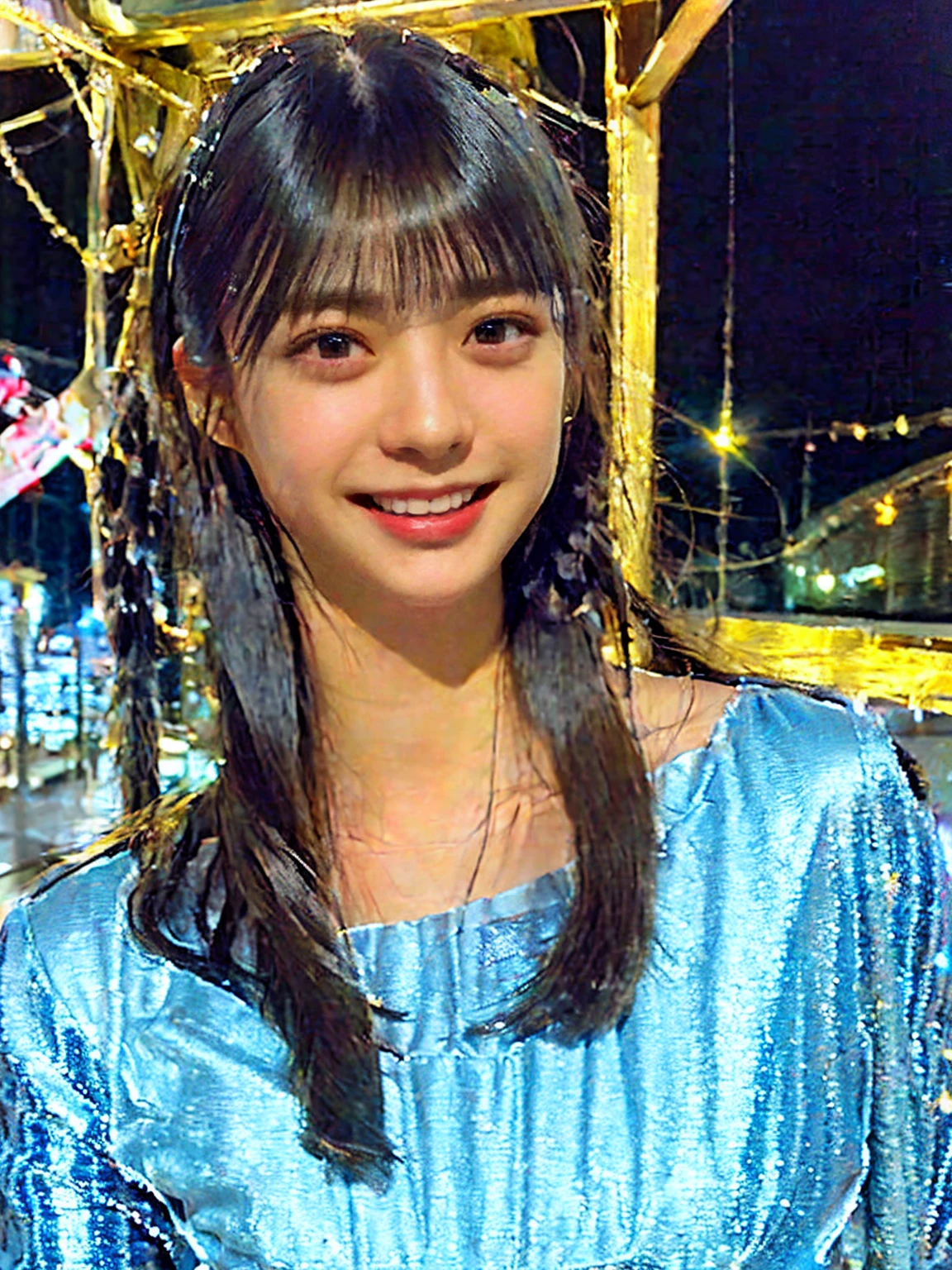 1girl,(wearing a blue glittery evening dress:1.2),(RAW photo, best quality), (realistic, photo-realistic:1.4), masterpiece, an extremely delicate and beautiful, extremely detailed, 2k wallpaper, Amazing, finely detail, extremely detailed CG unity 8k wallpaper, ultra-detailed, highres, soft light, beautiful detailed girl, extremely detailed eyes and face, beautiful detailed nose, beautiful detailed eyes,cinematic lighting,city lights at night,perfect anatomy,slender body,light smile,close up,(long hair with bangs)