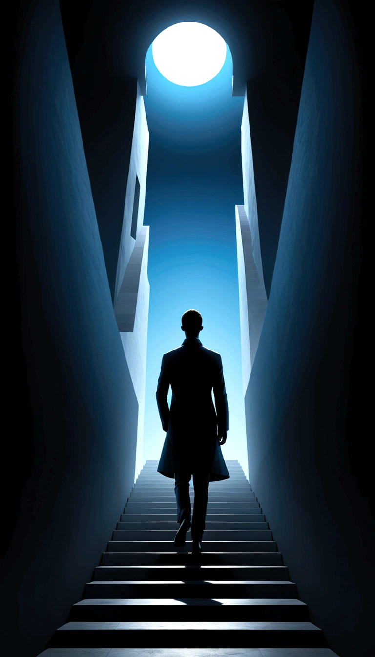 Sculptural head silhouette with an open mind leading to stairs, a lone figure ascending, representing personal growth, against a stark black background, minimalistic, blue-white gradient lighting, surrealism, digital art, Peter Tarka style, sharp focus