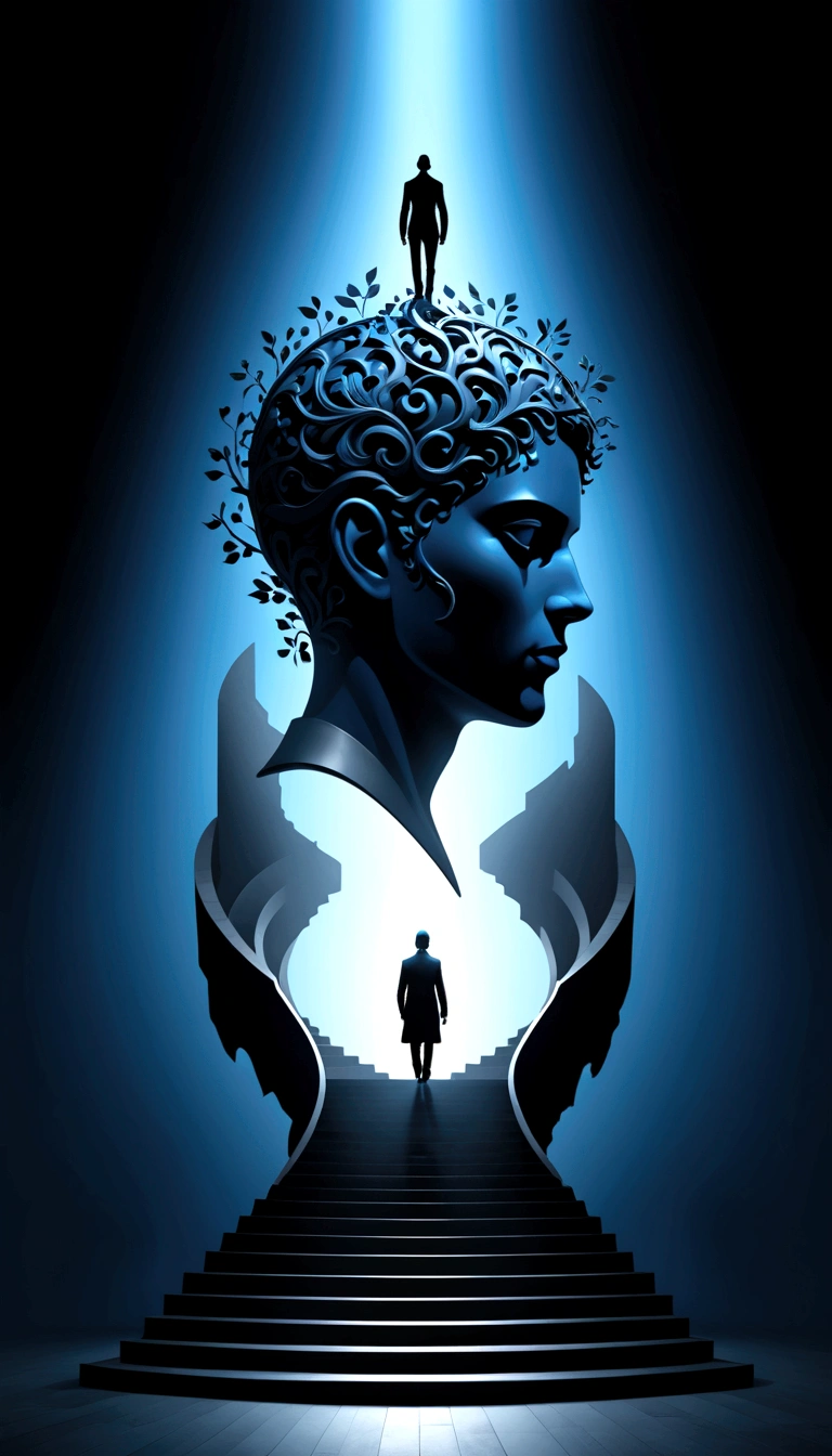 Sculptural head silhouette with an open mind leading to stairs, a lone figure ascending, representing personal growth, against a stark black background, minimalistic, blue-white gradient lighting, surrealism, digital art, Peter Tarka style, sharp focus