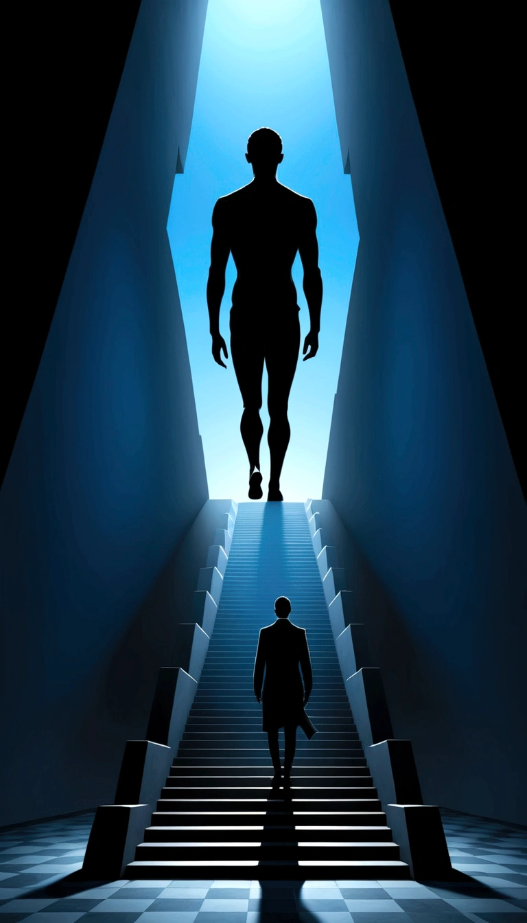Sculptural head silhouette with an open mind leading to stairs, a lone figure ascending, representing personal growth, against a stark black background, minimalistic, blue-white gradient lighting, surrealism, digital art, Peter Tarka style, sharp focus