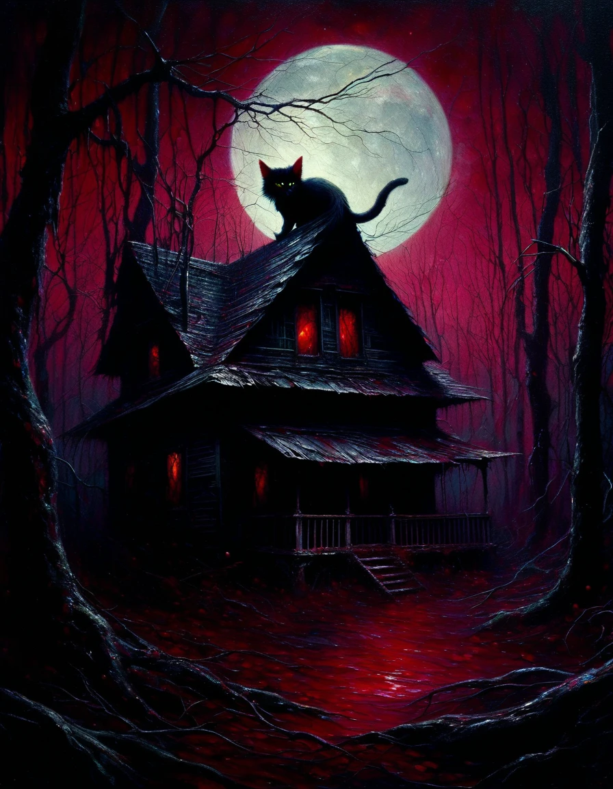 Creepy cat in a dark forest, Abandoned dwelling beneath the crimson moon, oil, Dark and atmospheric, Very detailed, Surreal, Dramatic lighting, Rich texture, Moody color palette, Works influenced by Sienkiewicz, masterpiece, Highest quality, 8K, Super detailed, Realistic