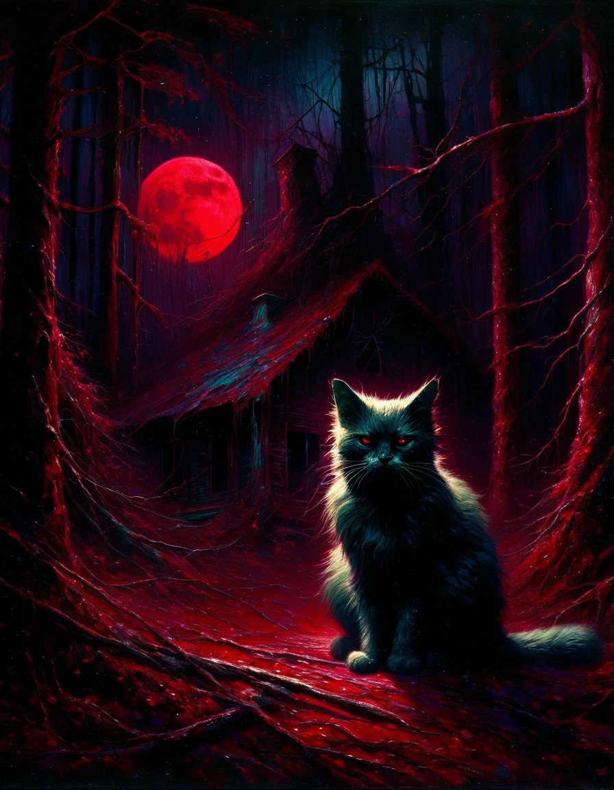 Creepy cat in a dark forest, Abandoned dwelling beneath the crimson moon, oil, Dark and atmospheric, Very detailed, Surreal, Dramatic lighting, Rich texture, Moody color palette, Works influenced by Sienkiewicz, masterpiece, Highest quality, 8K, Super detailed, Realistic
