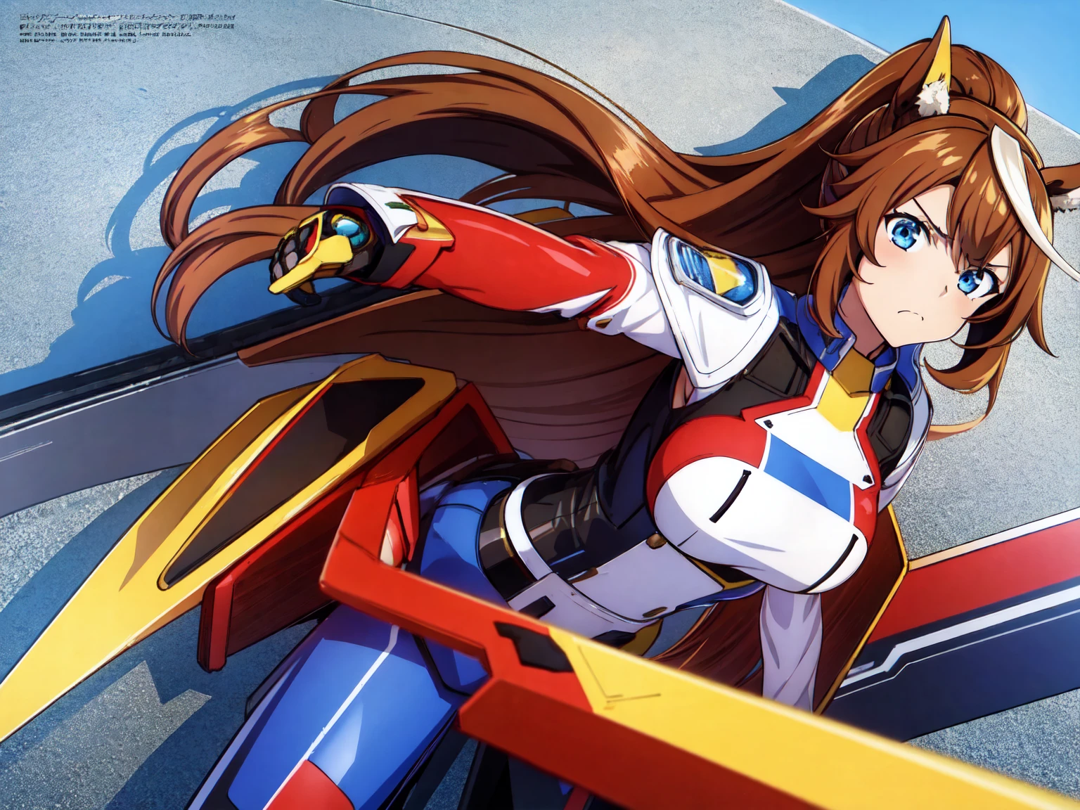 1girl,Tokai Teio, horse ears, brown hair, long hair, high ponytail, streaked hair, multicolored hair, blue eyes, big breast, mecha musume, mechanical wing, serious face,