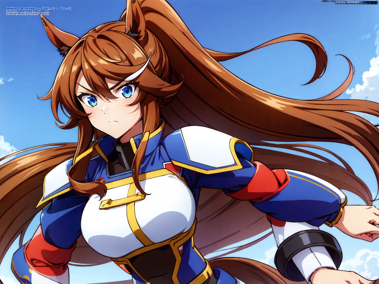 1girl,Tokai Teio, horse ears, brown hair, long hair, high ponytail, streaked hair, multicolored hair, blue eyes, big breast, mecha musume, mechanical wing, serious face,