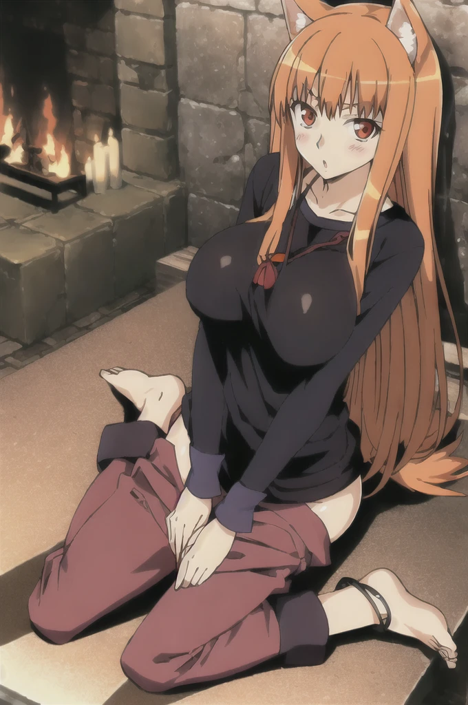 horo, 1girl, barefoot, anklet, sitting, wariza, feet, bed, jewelry, pants, open_mouth, capri_pants, dark, blush, fireplace, and huge massive breasts 