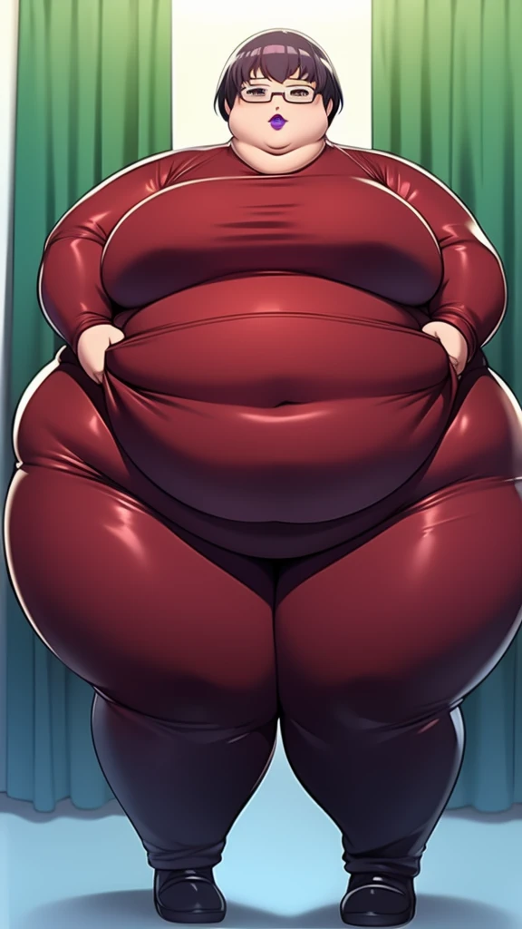 Anime Women, Adult female、Detailed face、amount、amount、Forehead、Afro、Short Hair、Glasses、Sharp eyes、Thick lips、Purple Lipstick、Painted lips、Very fat、Chubby、obesity、obesity体、Double heek、Thick neck、Big Br breasts、Thick upp、Thick arms、thick fingers、Fat belly、Flabby belly、Flabby bellyの脂肪、Thick legs、Big Ass、Brown bodysuit、Standth your feet apart