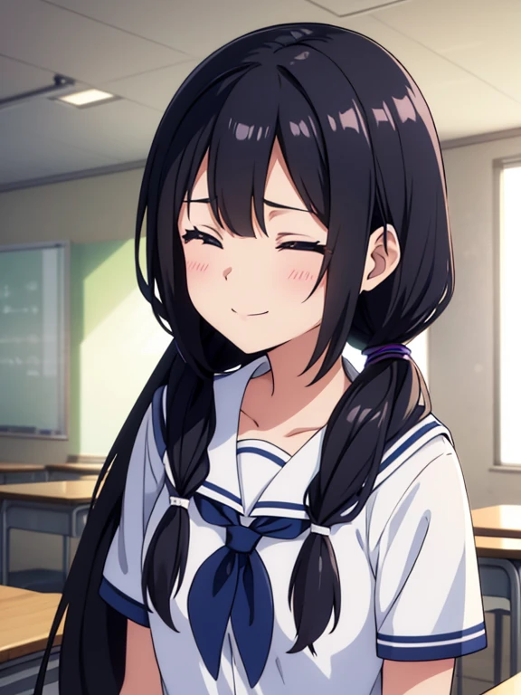 1girl, sitting, smile, ,
classroom, indoors, school chair, school desk,
(low twintails), low pigtails, black hair, very long hair,
serafuku with blue ribbon, navy-blue collar,
(dark brown eye), chuckle, closed eyes, look down,
school,
afternoon, summer,
from front, upper body,
anime, high brightness, detailed face, detailed eyes,
(high quality, ultra detailed, masterpiece, FHD)