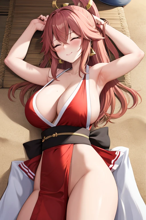 masterpiece, best quality, beautiful art, high resolution, well formed hands, body and fingers, 1 woman, solo, Yae Miko, grown up, cosplaying as Mai Shiranui , mai_shiranui_cosplay, adult, large and round breasted, cleavage full body picture , hair ribbon, gorgeous legs and, thighs, sexy Japanese clothes, hair ornament , sexy legs , hips and thighs ryona,in peril, she is defeated, knocked out, passed out, closed eyes, exhausted, unconscious, laying down on the sand, extended exposed body, full body on the sand, breathing heavily, sexy smirk on her face, bouncing breasts, sexy defeated pose, defeat and KO scene, fallen beauty, martial arts tournament with beach environment