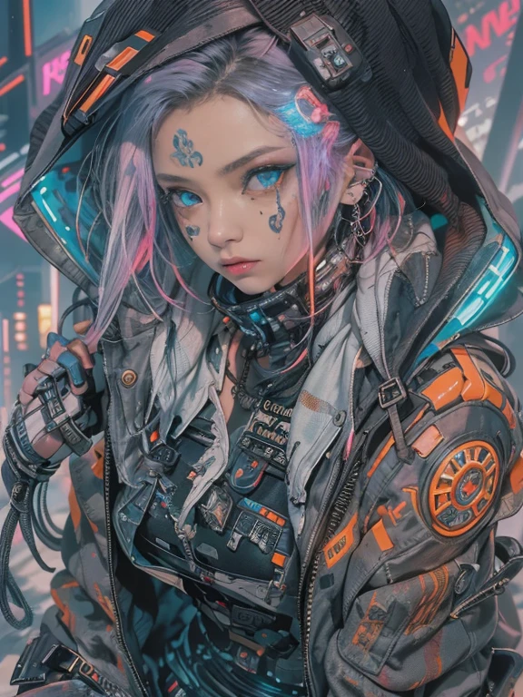 Unbeatable masterpiece, Ultra-photorealism, Perfect artwork, Intricate details, Highest quality, Strong light,High Contrast,((Post apocalyptic futuristic cyber punk , overview):1.35) , ((masterpiece)),((Very detailed)) , ((Highly detailed and beautiful face)) , Smokey Makeup, Perfect composition , Intricate details , Neon Light , Neon Trim, (Esbian all over:1.25) , (Official Art) , とても繊細で美しいcyber punkガール, Long orange hair blowing in the wind, Bright blue eyes, Long and fine eyelashes, Huge、非常にHuge , I can see her cleavage, Wearing highly detailed futuristic hooded combat armor, Lots of tattoos and piercings(One girl:1.3) , alone , (Glass Screen:1.2) , (Transparent glass) , Tyndall effect , colorful refraction , Visual impact , (High light contrast) , colorful , melt , (cyber punk:1.2) ,(Falter :1.4) ,