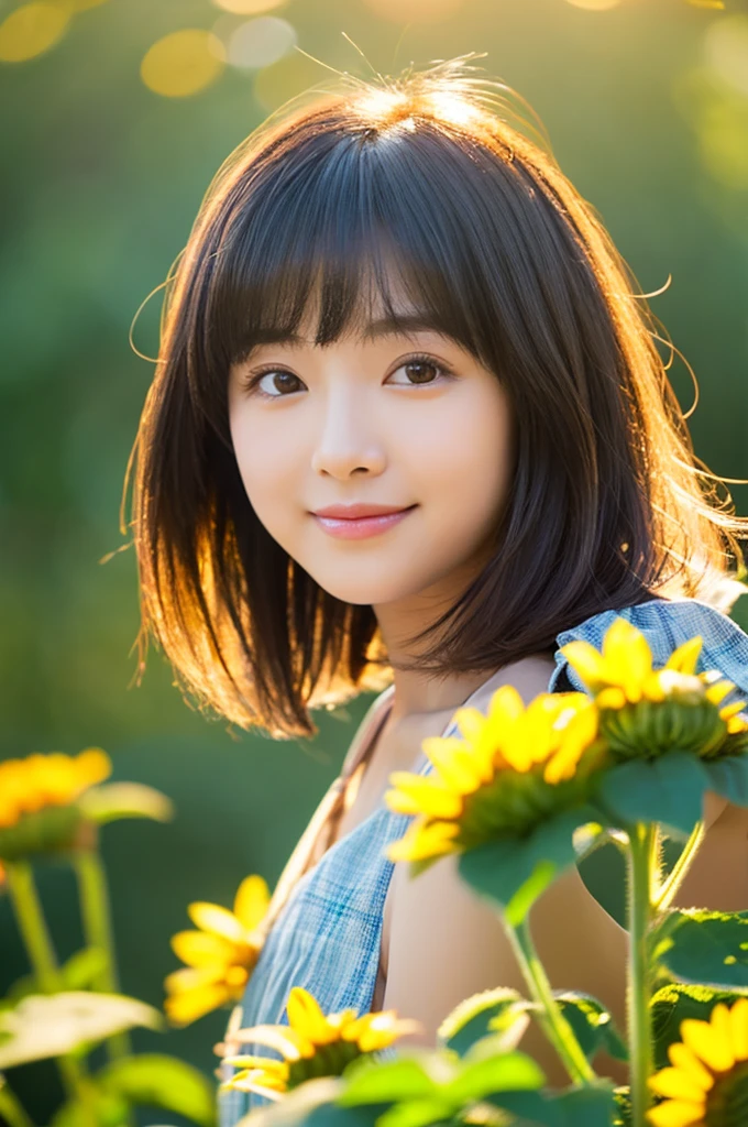 Image quality:best quality
Camera Focus: blur background
light:Side light
composition:Composition of thirds、Sideways orientation and eye view of the camera
person:20 years old woman,Japanese,actress
pose: looking at viewer
background: sunflower、Daytime hairstyle: Short Bob、With bangs
Dress:casual
facial expression: happy