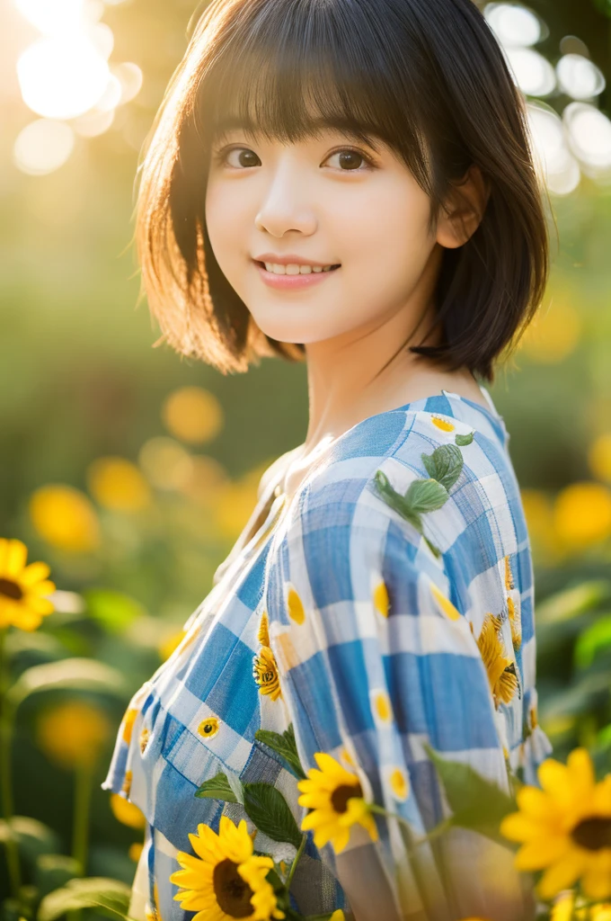 Image quality:best quality
Camera Focus: blur background
light:Side light
composition:Composition of thirds、Sideways orientation and eye view of the camera
person:20 years old woman,Japanese,actress
pose: looking at viewer
background: sunflower、Daytime hairstyle: Short Bob、With bangs
Dress:casual
facial expression: happy