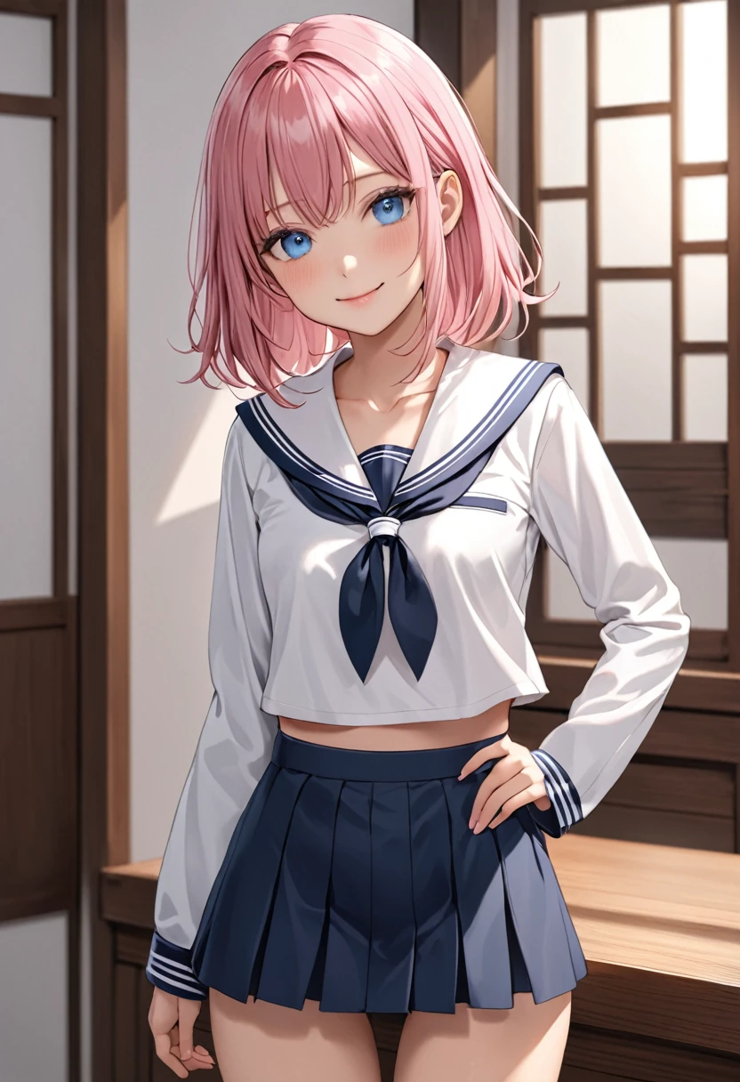 (masterpiece, top quality, very aesthetic, 4k、), intricate detail, 1girl,stand、(cowboy shot:1.4)、front view,light smile、
Cute 、pink hair、middle hair,sidelock ,,blue eyes、serafuku、small breasts,Slim 、