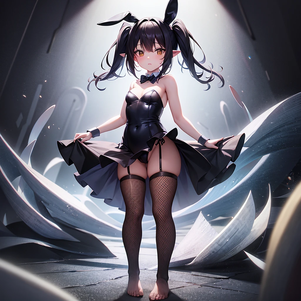 ((Bunny girl)),Dropped ears,(Fishnet tights),(barefoot),Cute little ,Tiny ,Small girl,,Childish face, Very fine clean face,Top quality,Black Hair,(Dark Room), Subtle light, Natural light,Soft lighting,Light from directly behind, (Are standing),With bust up,Front view,Black background