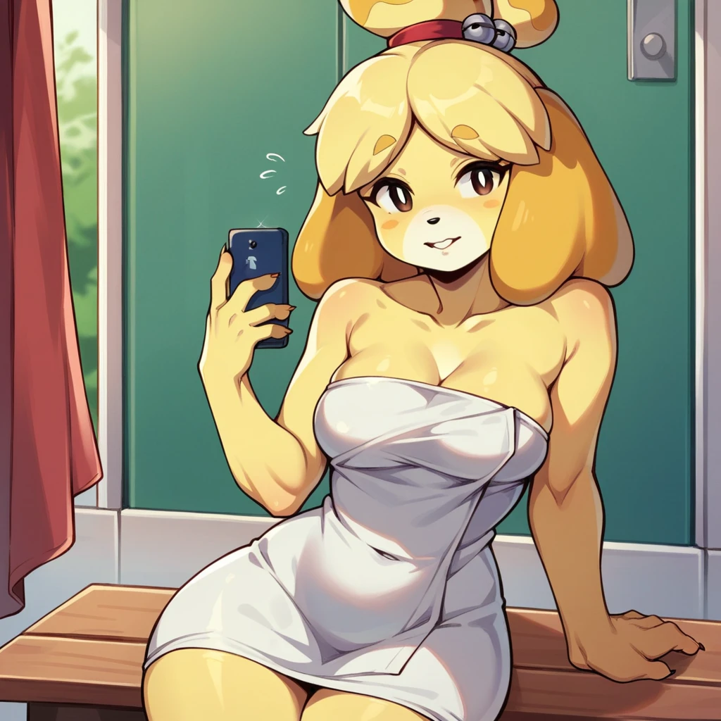 score_9_presence, score_8_up, isabelle, animal crossing, wrapped in towel, medium breasts, holding phone