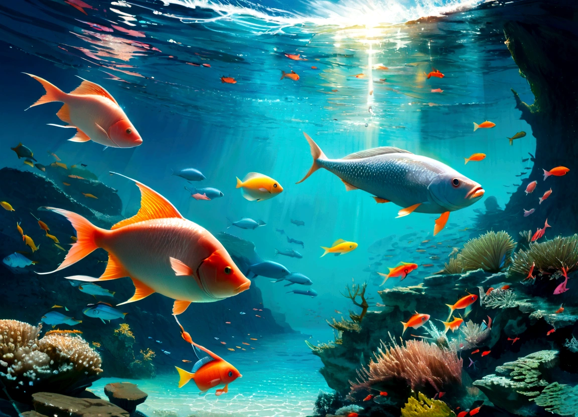 colorful、 Ocean,fish,mystery,,小fish,moonlight,Fantasy,Genuine,detailed,color,reality,High resolution,超detailed,Intricate details
