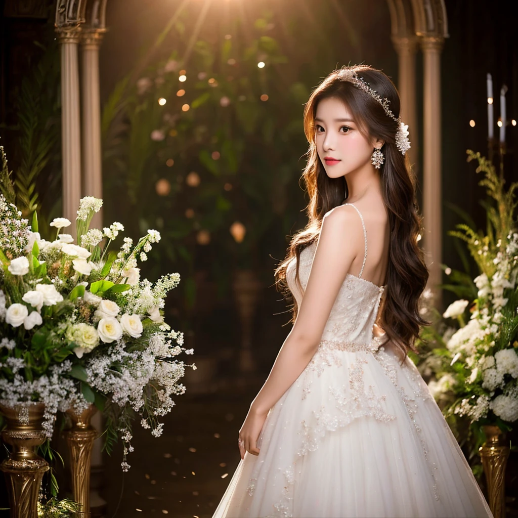 Generate an image of an extraordinarily beautiful 20-year-old Asian woman standing alone, whose beauty rivals that of a goddess of the fire element. She has large brown eyes, dark brown hair, glowing skin, and a captivating appearance. She is wearing a stunning white wedding dress that accentuates her elegance. The woman stands charmingly alone, her beauty appearing as if blessed by nature, in a very romantic and lovely aisle adorned with flowers and soft lighting, exuding a magical and serene atmosphere.