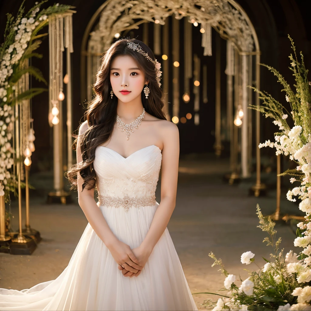 Generate an image of an extraordinarily beautiful 20-year-old Asian woman standing alone, whose beauty rivals that of a goddess of the fire element. She has large brown eyes, dark brown hair, glowing skin, and a captivating appearance. She is wearing a stunning white wedding dress that accentuates her elegance. The woman stands charmingly alone, her beauty appearing as if blessed by nature, in a very romantic and lovely aisle adorned with flowers and soft lighting, exuding a magical and serene atmosphere.