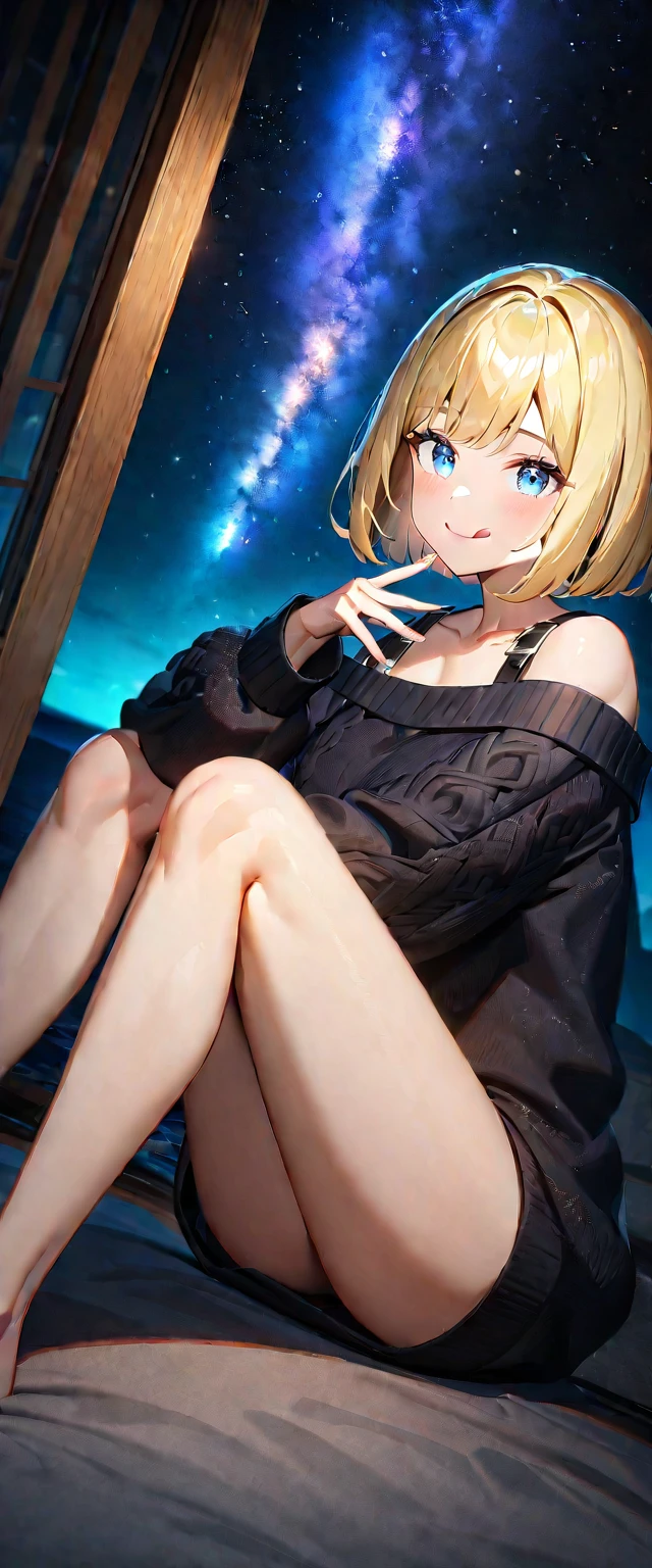 ((stick out tongue)), ((off-shoulder sweater:1.3, Quite thick shoulder straps)), ((black sweater)), ((Aran sweater)), (((bare legs))), ((((from side)))), ((Leaning to side)), (((a beautiful starry sky, the Milky Way shining beautifully in the night))), ((sitting on the very high cliff)), wavy hair, inward curled hair, sea, ((blond hair, bob cut:1.3)), breasts, ager, (looking at viewer), oversized clothes, puffy long sleeves, collarbone, head tilt:1.3, (((blue eyes))), happy smile, (((anime style))), (best quality, 4K, 8K, highres, masterpiece:1.2, ultra-detailed, ultra-detailed eyes, HDR, uhd, studio lighting, ultra-fine painting, sharp focus, physically-based rendering, extreme detail description, professional, vivid colors, bokeh)