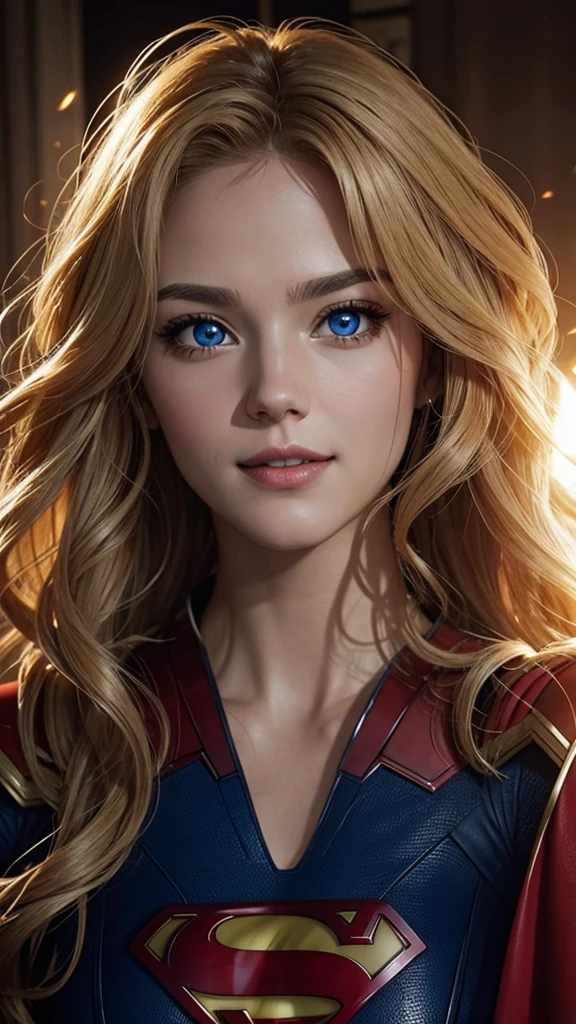 The character Supergirl, perfect blue and red costume with the traditional "S" in the chest, shiny little blue eyes, extremely beautiful blond hair, beautiful smile , perfect anatomy and extremely beautiful face, hyperrealistic face