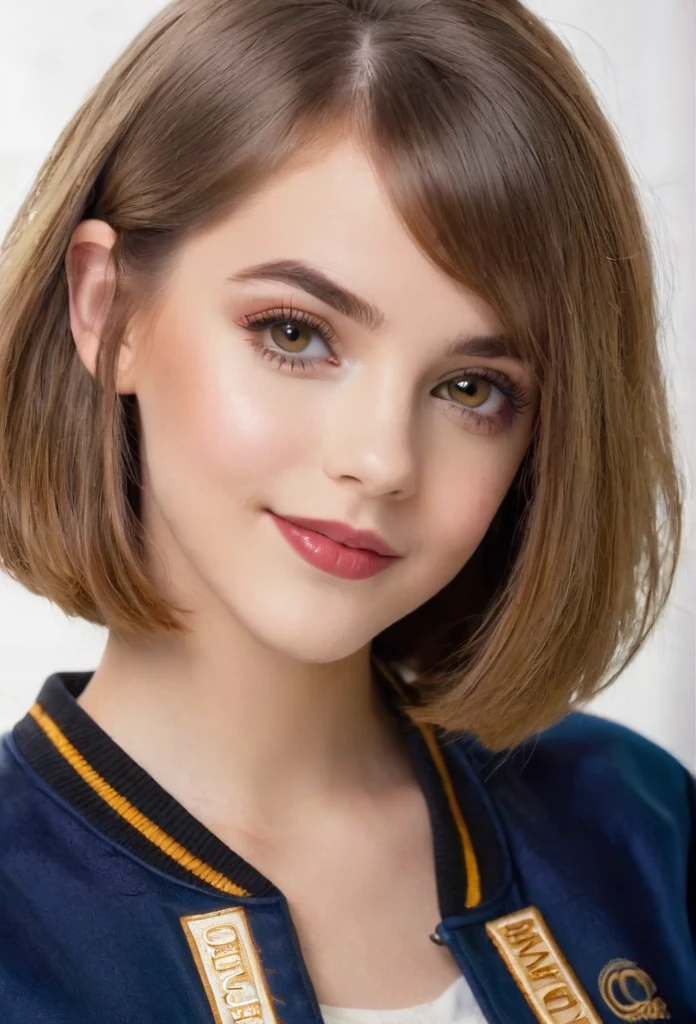 Beautiful 16-year-old girl, named Sofia, beautiful golden eyes, detailed eyes, MID-HEIGHT bob haircut, mermeland lips, sexy, detailed face, university jacket, in the background happy birthday.