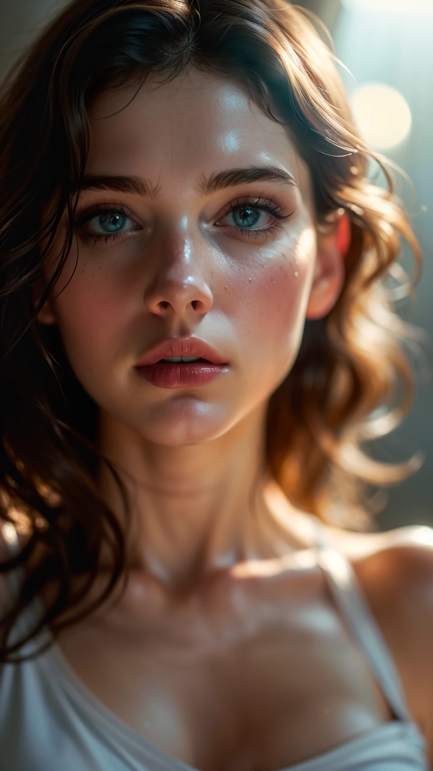 (((ultra realistic))) Photo, masterpiece, top quality, (pale skin), (Ultra detailed face and eyes:1.3), 1 girl, Adult, in a T-shirt, (Eye makeup, mascara) , ((large detailed lips)), ((ash wavy hair)), ((Chyolka)) , (Natural medium breasts), Slim waist. ((Posing)), photoshoot, studio (soft lighting), (The play of light and shadows), depth of field, bokeh, (special attention to skin detail: 1.2), Detailed leather texture, skin pores. (Airy atmosphere of the frame. Color range - delicate, Bright, white, Pink tones), UDR, ((Film grain)), ((rays)), ((glare of the sun)), ((waist up portrait, close to the camera)) , ultra detialed,