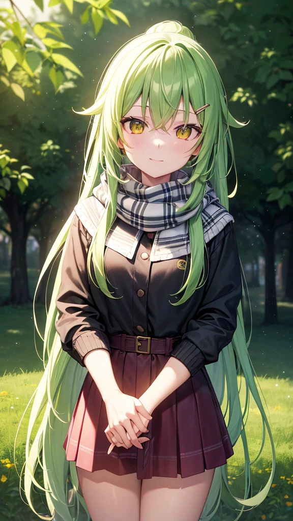 Long green hair, yellow eyes, long hair, black braid, hair parted to the right, hair clip, flower in hair, smile, calm, pastel sweater, denim jacket, pink skirt, garden, sunlight, scarf, ultra-detailed, absurdres, unreal engine, masterpiece, best quality, beautiful eyes, volumetric lighting, silky_hair), best quality, ultra-detailed, looking at viewer, highres, 8k wallpaper, extremely detailed, smooth lighting, 8k, depth of field, masterpiece, cinematic lighting,