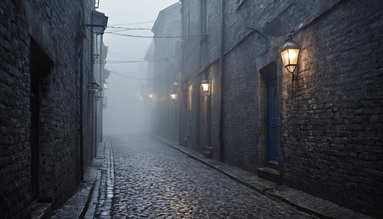 Create a digital artwork of a misty, dimly lit alleyway. The scene should depict narrow walls and cobblestone ground, with faint streetlights casting soft, eerie glows through the fog. The mist should be thick, enveloping the alley and adding a sense of mystery and foreboding. Use a muted color palette with shades of grey, blue, and black to emphasize the dim lighting and misty atmosphere. The overall composition should evoke a feeling of isolation and unease, with subtle details like faint shadows or indistinct shapes in the background to enhance the eerie mood