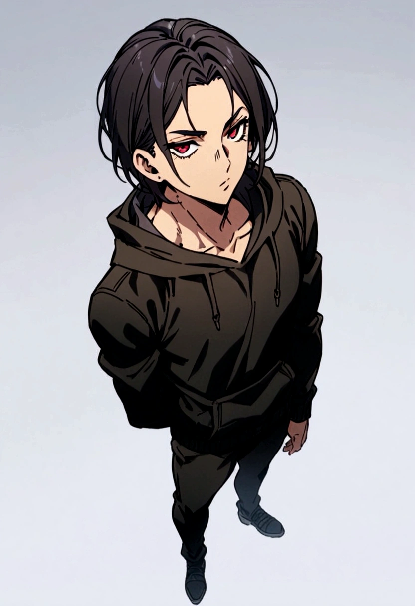 fullbody,masterpiece,standing,black hoodie,black black short hair,red eyes,adult,1boy,solo,white background,standing straight,fullbody,parted bangs