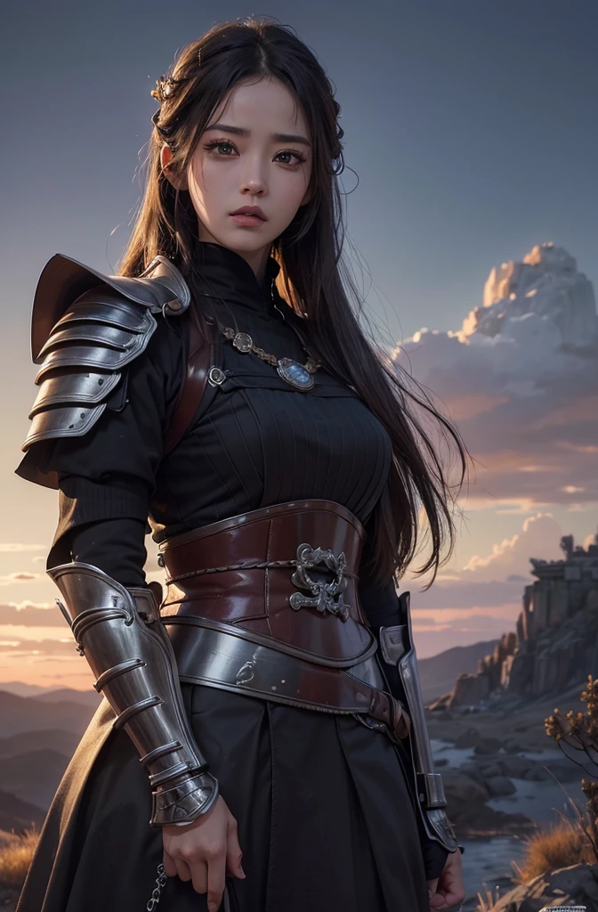 (Better Quality, Highs:-, Super detailed), Realistic, High resolution, solve, Detailed eyes and face, Detailed lips, Long eyelashes, juuichi , Beautiful Features, Curved body, Samurai costume and armor,Look directly at the viewer, intense expression, emotional expression, Mysterious atmosphere、Stand in the desolate wilderness