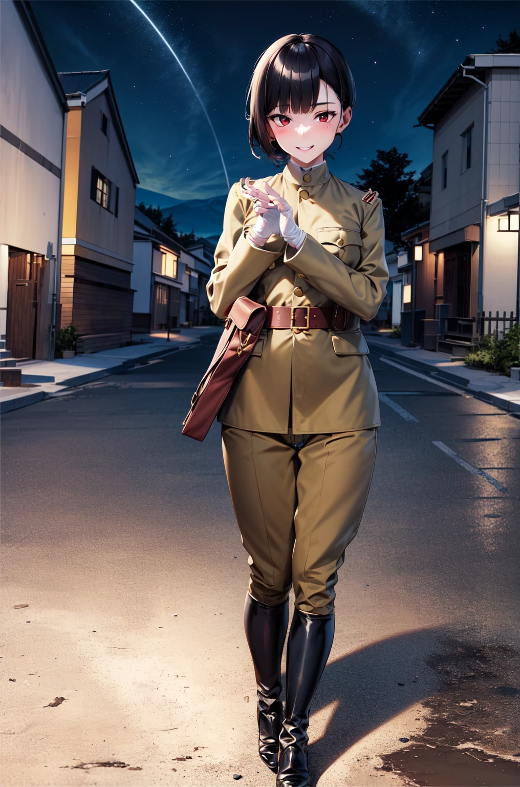 masterpiece, Highest quality, Absurd, High resolution, Very detailed, One Girl, alone, Cowboy Shot, ((IJA Taisho, Khaki uniform, Combatant,Golden Sling,General Positions, 左chestにメダル,)),Black long boots,medium chest,  chest,  Tight waist,  Black Hair,  Blunt bangs, Red eyes, Conceit,Wicked Smile,  White gloves, holster, Leather Belt Pouch, Abandoned city, Dilapidated Street, combustion, Night Sky, battlefield, crater,chestをはだけさせる、Fascinating face、Expand the vagina with both hands,pussy,Pussy,(fellatio gesture)