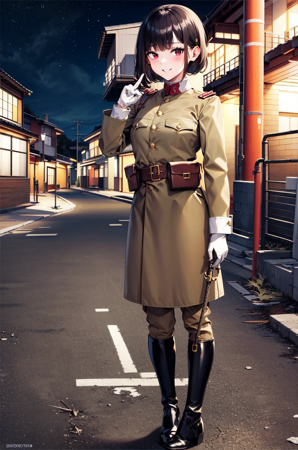 masterpiece, Highest quality, Absurd, High resolution, Very detailed, One Girl, alone, Cowboy Shot, ((IJA Taisho, Khaki uniform, Combatant,Golden Sling,General Positions, 左chestにメダル,)),Black long boots,medium chest,  chest,  Tight waist,  Black Hair,  Blunt bangs, Red eyes, Conceit,Wicked Smile,  White gloves, holster, Leather Belt Pouch, Abandoned city, Dilapidated Street, combustion, Night Sky, battlefield, crater,chestをはだけさせる、Fascinating face、Expand the vagina with both hands,pussy,Pussy,(fellatio gesture)