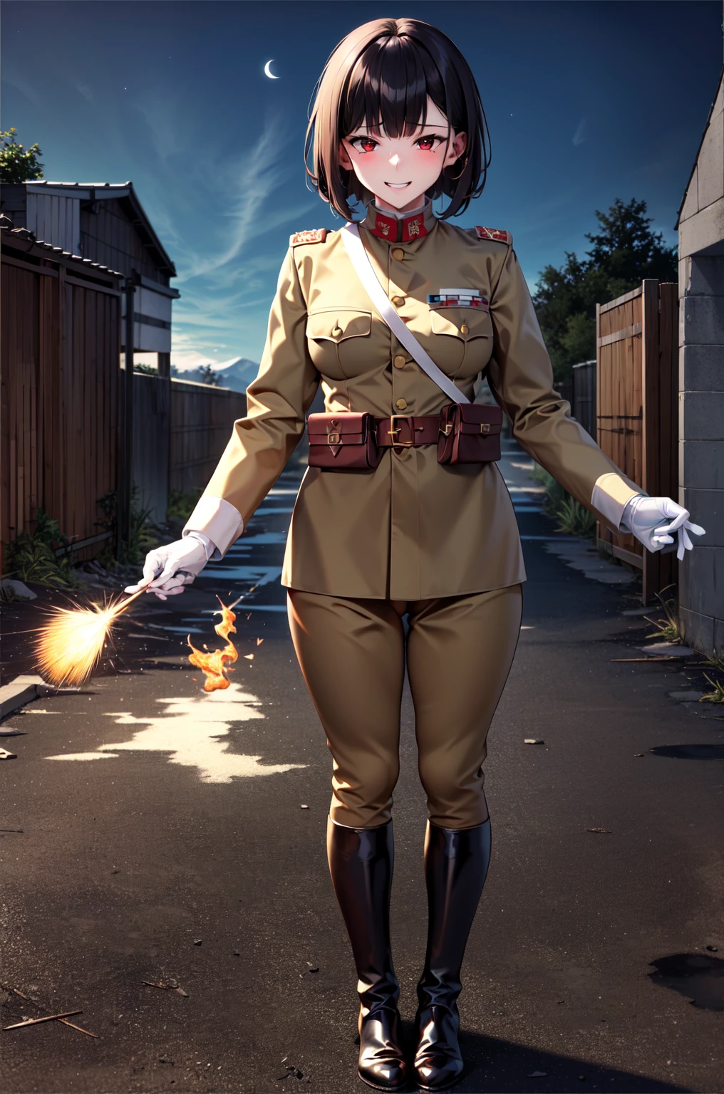 masterpiece, Highest quality, Absurd, High resolution, Very detailed, One Girl, alone, Cowboy Shot, ((IJA Taisho, Khaki uniform, Combatant,Golden Sling,General Positions, 左chestにメダル,)),Black long boots,medium chest,  chest,  Tight waist,  Black Hair,  Blunt bangs, Red eyes, Conceit,Wicked Smile,  White gloves, holster, Leather Belt Pouch, Abandoned city, Dilapidated Street, combustion, Night Sky, battlefield, crater,chestをはだけさせる、Fascinating face、Expand the vagina with both hands,pussy,Pussy,(fellatio gesture)