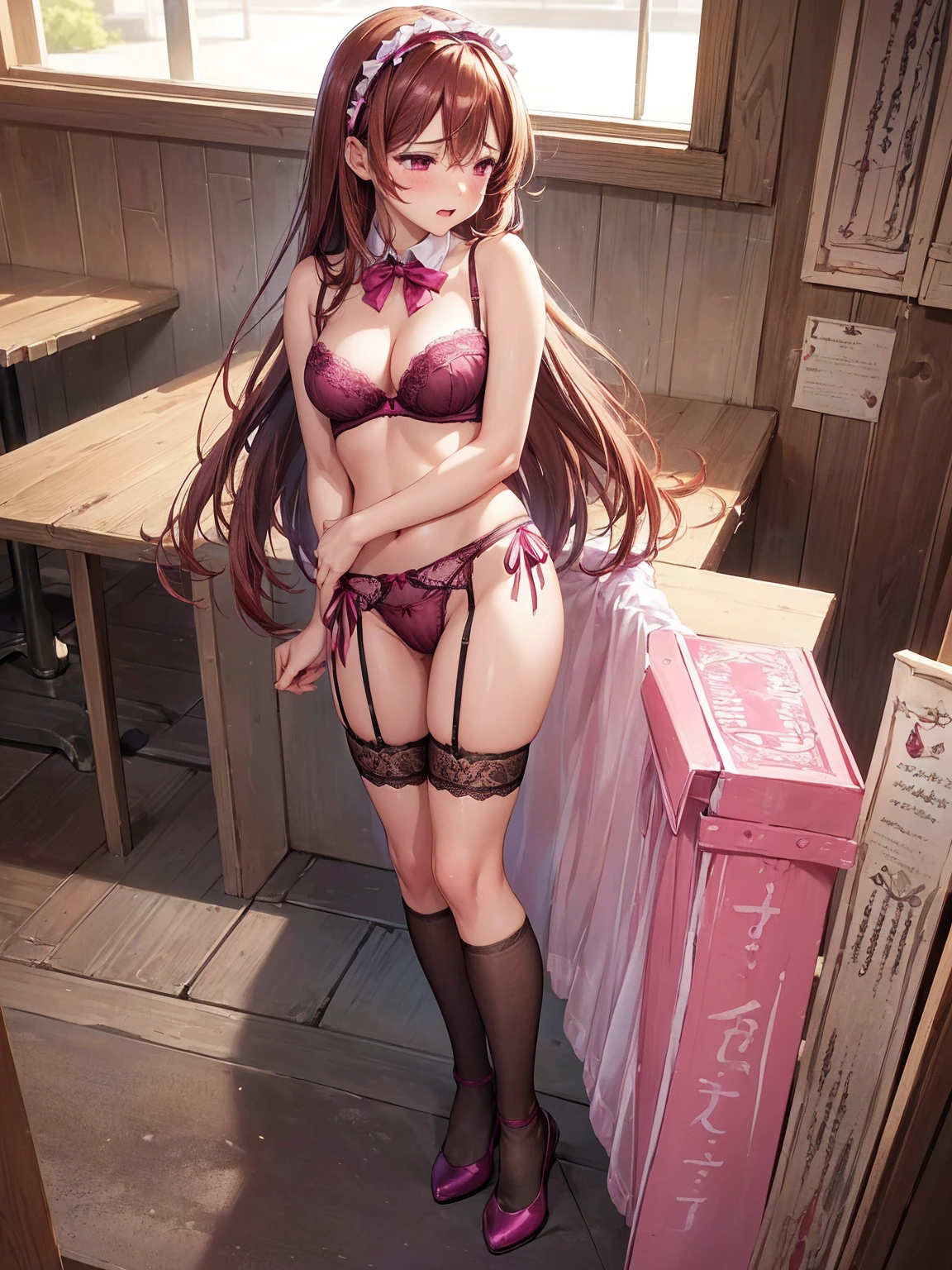 (((masterpiece, Highest quality, High resolution, 超High resolution, Perfect Pixel, Depth of written boundary, 4K, RTTX 10.0))), Beautiful Anime Women, Beautiful art style, Anime characters, ((Smooth texture, Realistic texture, Anime CG Style)), Exact finger count、Exact number of legs、(Exact number of arms:1.0, Exact number of hands:1.0), (Perfect hands, Perfect Anatomy), Cinematic, Realistic, Extremely detailed CG, Daytime lighting, Perfect lighting, Best Shadow, The best natural light, whole body, Perfect body, バランのとれたPerfect body, Perfectly balanced style, (Slender body:1.2), ((Long Hair, bangs, Reddish brown hair, Stylish hairstyle)), ((A cute woman stands with her hands in her panties:1.8)), (Put one hand in your panties:1.8), (fingering:1.8), (pussy juice:1.5), ((Bow tie around neck, High heels:1.3), (Sexy and cute magenta underwear:1.3), (Stylish shiny magenta satin panties, Side-tie panties, Panties with plain magenta in the center and lace decoration on the sides:1.3), (Thin panties:1.3), (Magenta Micro Lace Satin Bra, Magenta Blau with lace trim, Thin bra:1.3), (garter belt, Knee socks:1.3):1.3), (Beautiful big , Cleavage:1.1), (Embarrassed expression:1.4), blush, (sexual pleasure expression:1.5), (The expression of someone who is holding in the toilet:1.4), (Look up, Mouth half open, Half-close your eyes:1.2), (Stylish cafe, amusement park, A busy store, Chair, table, Outdoor:1.3), naked, In underwear, Waitress in underwear, (Frilly maid-like headband:1.2), whole body, Angle from the front, chizuru