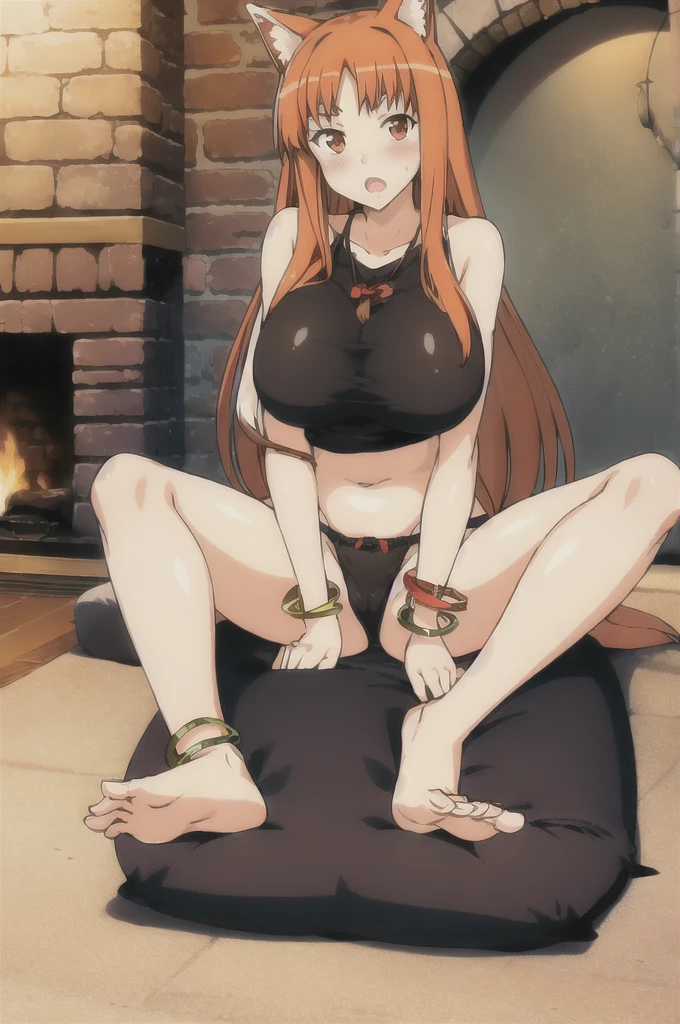 horo, 1girl, barefoot, anklet, sitting, wariza, feet, bed, jewelry, pants, open_mouth, capri_pants, dark, blush, fireplace, and big huge massive largest breasts