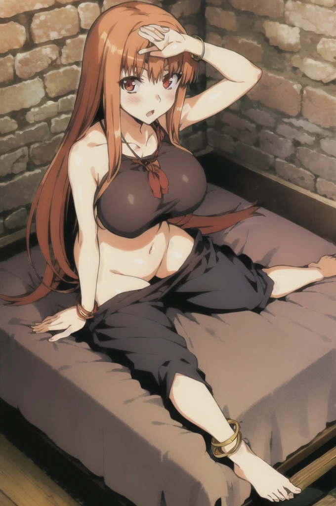 horo, 1girl, barefoot, anklet, sitting, wariza, feet, bed, jewelry, pants, open_mouth, capri_pants, dark, blush, fireplace, and big huge massive largest breasts 