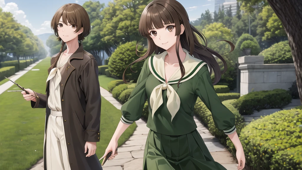 masterpiece, Highest quality, High resolution, aayoshino, , Long Hair, Twin Blade, Brown eyes, Hair that falls over the shoulders, , Sailor collar, neckerchief, Green Shirt, One piece sailor shirt, Long sleeve, Green Skirt, Long skirt, Are standing, Cowboy Shot, Outdoor, Person on the right, Shining Face