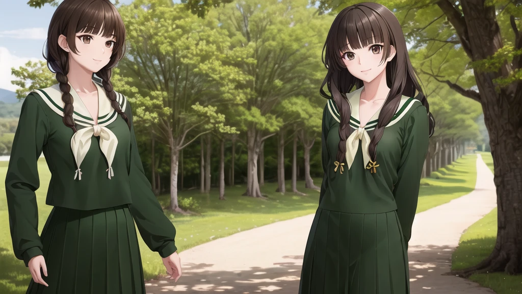 masterpiece, Highest quality, High resolution, aayoshino, , Long Hair, Twin Blade, Brown eyes, Hair that falls over the shoulders, , Sailor collar, neckerchief, Green Shirt, One piece sailor shirt, Long sleeve, Green Skirt, Long skirt, Are standing, Cowboy Shot, Outdoor, Person on the right, Shining Face