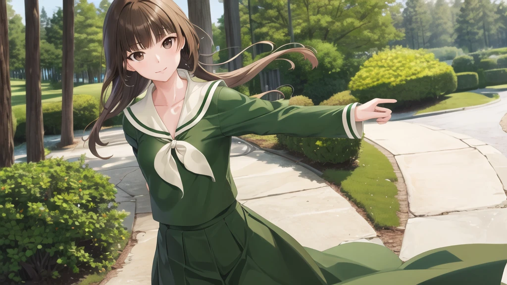 masterpiece, Highest quality, High resolution, aayoshino, , Long Hair, Twin Blade, Brown eyes, Hair that falls over the shoulders, , Sailor collar, neckerchief, Green Shirt, One piece sailor shirt, Long sleeve, Green Skirt, Long skirt, Are standing, Cowboy Shot, Outdoor, Person on the right, Shining Face