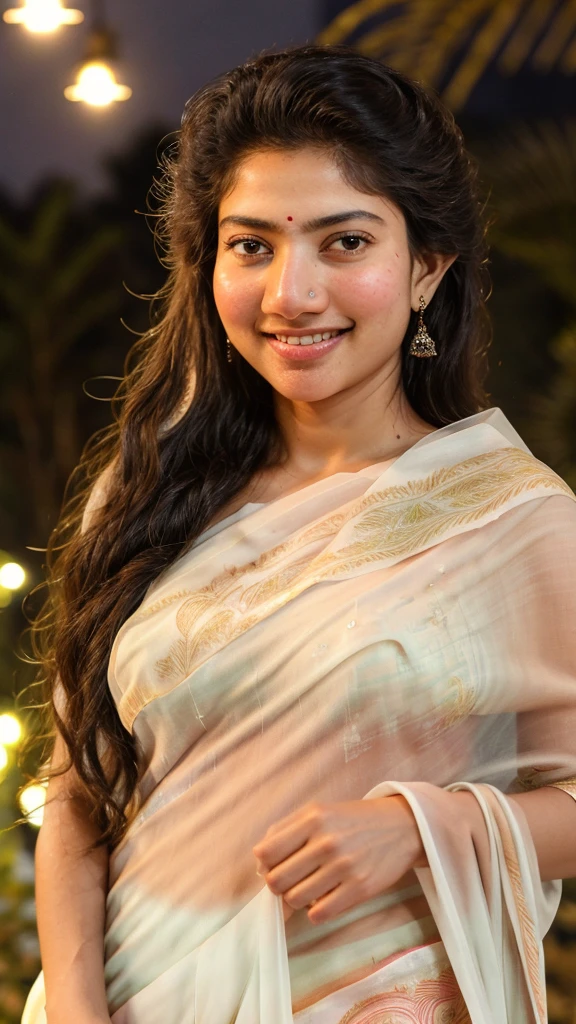 ultrarealistic hires close up photo of a 30-year-old sapa woman, outdoors, realistic skin texture, looking looking at camera, (Chiffon_saree_blouse:1.2), tied up hair, night time, smiling, beautiful bokeh background