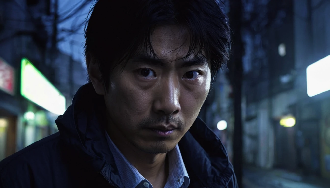 Create a series of digital artworks with close-ups of Hiroshi’s anxious face and the eerie surroundings. Hiroshi should have a visibly distressed expression, with wide eyes and furrowed brows, capturing his anxiety. The background should depict eerie surroundings like dark, misty alleyways or shadowy, dimly lit streets. Use a color palette that emphasizes the tension and fear in Hiroshi’s face, with contrasts between the illuminated face and the shadowy, unsettling background. The overall composition should convey a strong sense of anxiety and foreboding, focusing on the emotional intensity of Hiroshi's experience and the creepy environment around him."
