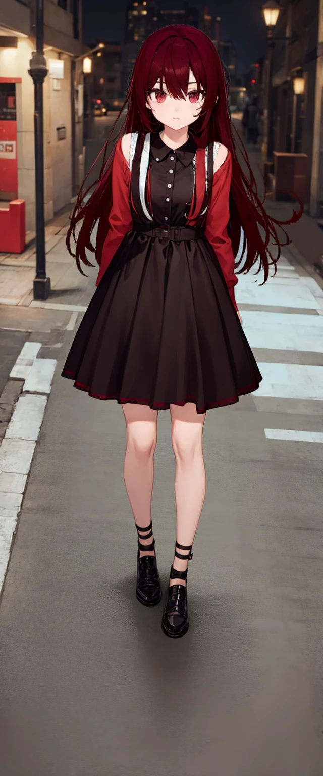 cool, standing, red and black clothes, looking at viewer, outdoors, mid night, street lamps, from above, long skirt, semi long hair