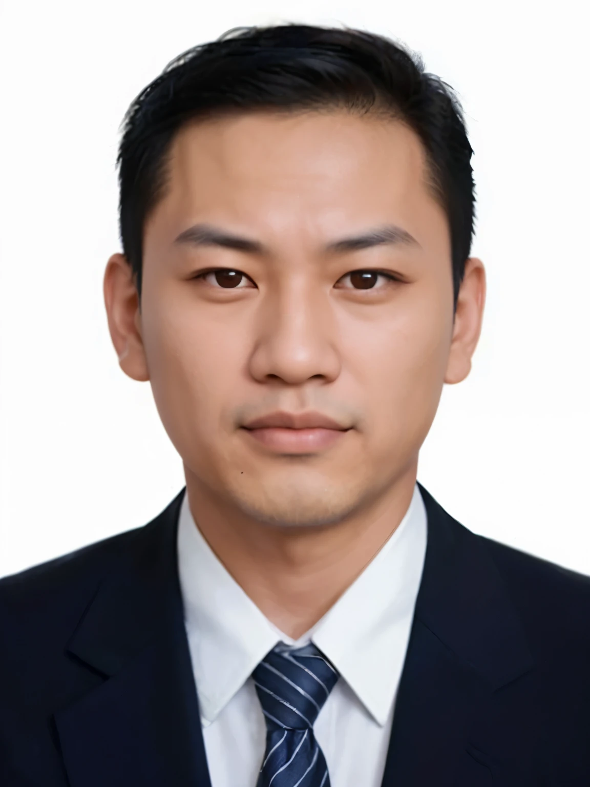 a realistic headshot of an asian man with a round face and short, dark hair. The man has a serious expression with wide-open eyes and closed lips. He is wearing a dark navy blue suit, a white dress shirt with a stiff collar buttoned up, and a dark blue tie with diagonal white stripes. The background should be plain and light-colored, ensuring the focus remains on the man's face and attire