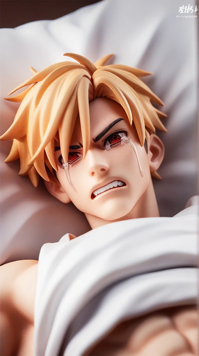 Night time darkness, Muscular bakugou katsuki laying down sleeping on wooden table top view, relaxed face, naked thick ((penis )), muscular pecs and washboard abs, sweating heavily, wristwatch, necklace, surrounded by fruits, dirt on body, blonde stubble, dim night darkness