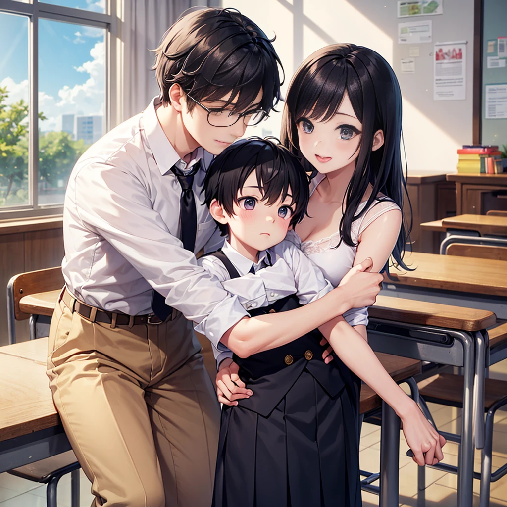 Highest quality,Highest quality,A female elementary school teacher in her 20s and a 6-year-old boy、Tight long skirt、The teacher hugs the boy from behind.、Put your hand in your crotch